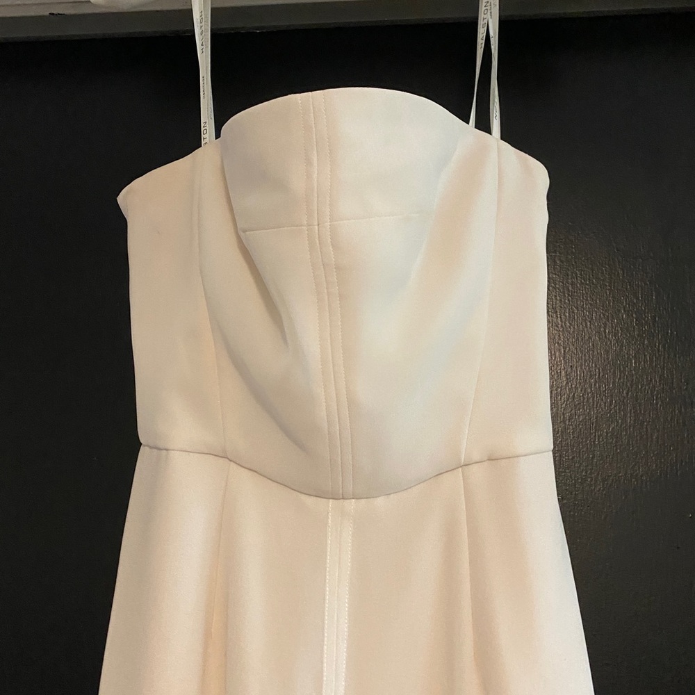 HALSTON PANT SUIT SIZE 2 in winter white crepe de chine and overlay is chiffon.